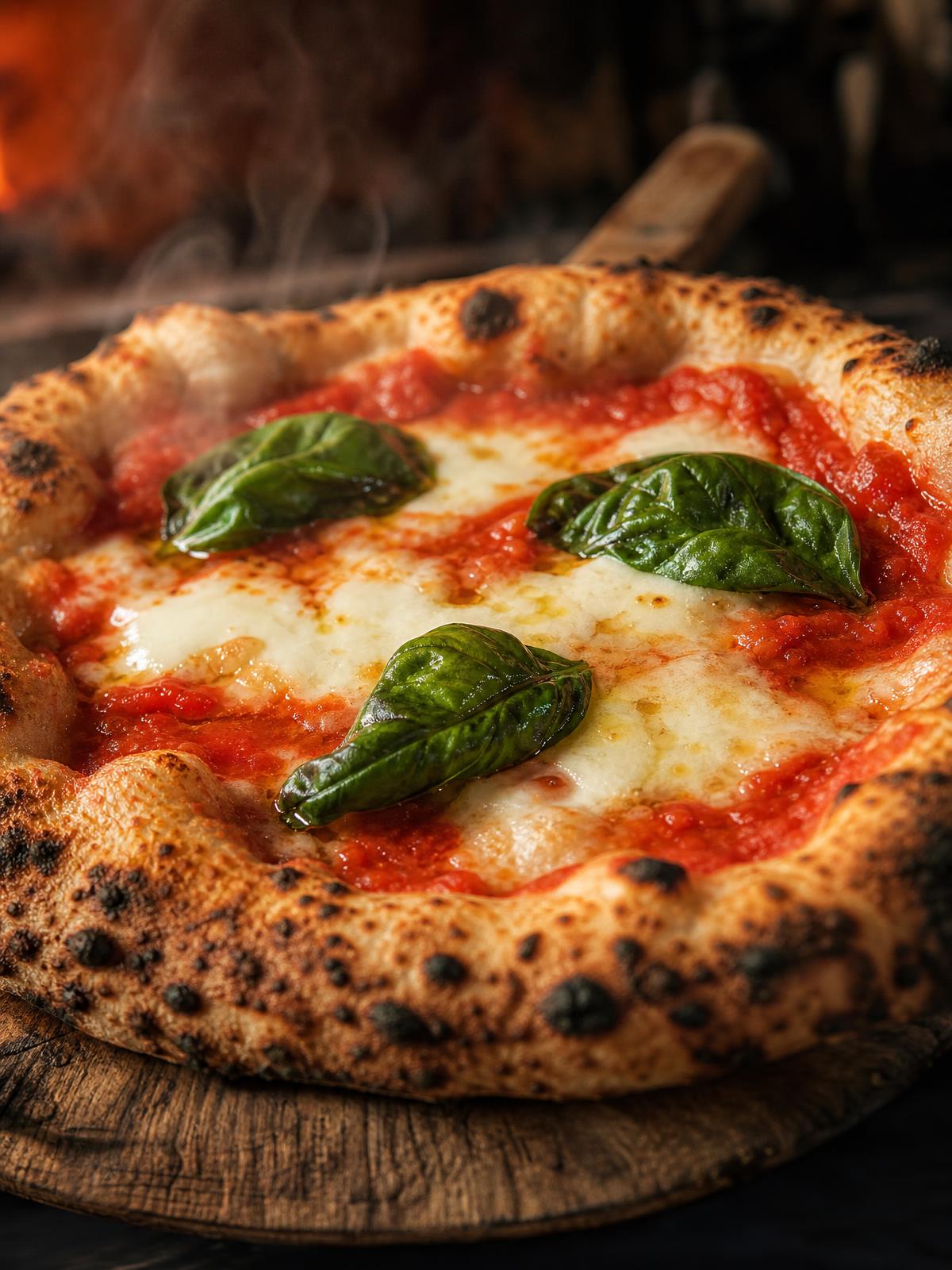 Pizza napoletană proaspăt scoasă din cuptorul pe lemne, cu cornicione ars leopard și busuioc proaspăt