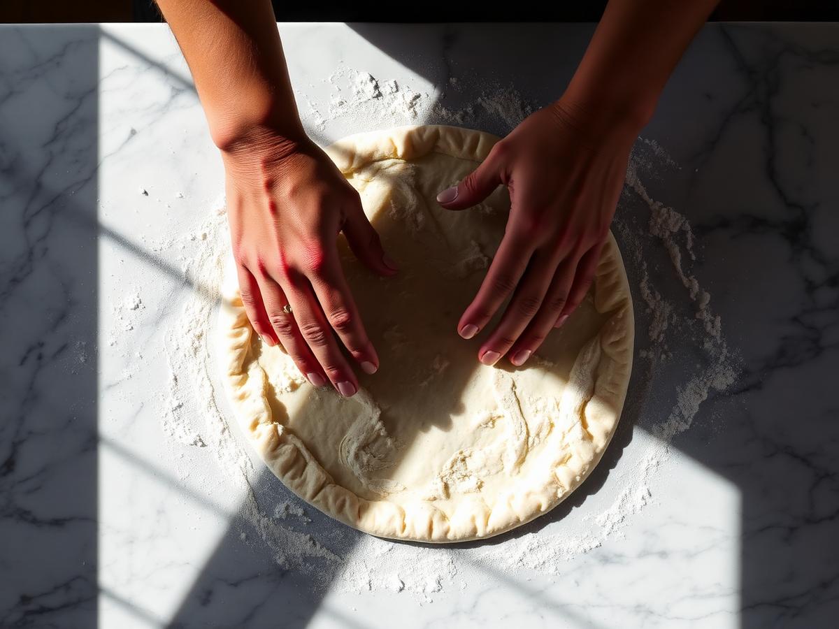 Aluat de pizza întins la mână pe marmură cu făină
